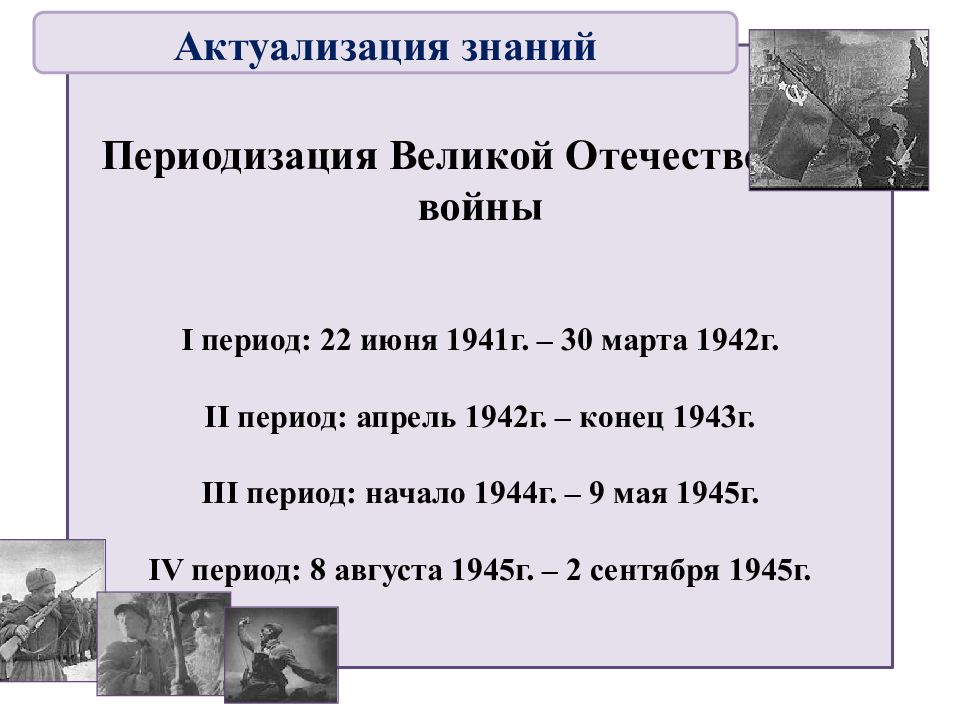 Периодизация Великой Отечественной войны I период: 22 июня 1941г. – 30 марта