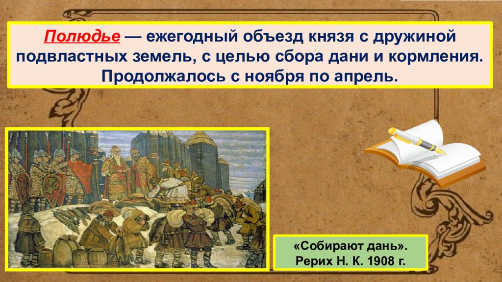 Объезд князем подвластных. Ежегодный объезд князем и дружиной подвластного. Объезд Подвластных земель с целью сбора Дани. Ежегодный объезд князем с дружиной Подвластных земель с целью сбора. Н Рерих полюдье.