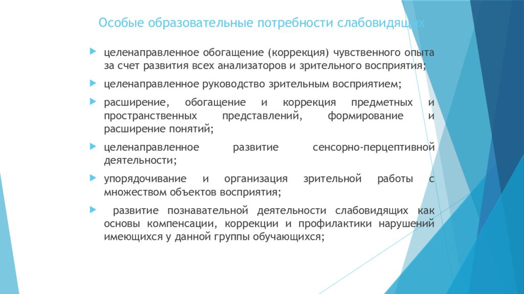 Учебная потребность. Особые образовательные потребности обучающихся с ОВЗ. Специальные образовательные потребности детей с нарушением зрения.