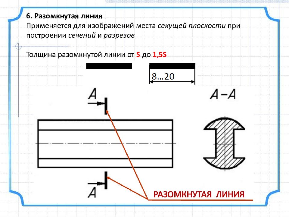 Толстая разомкнутая линия на чертеже используется для