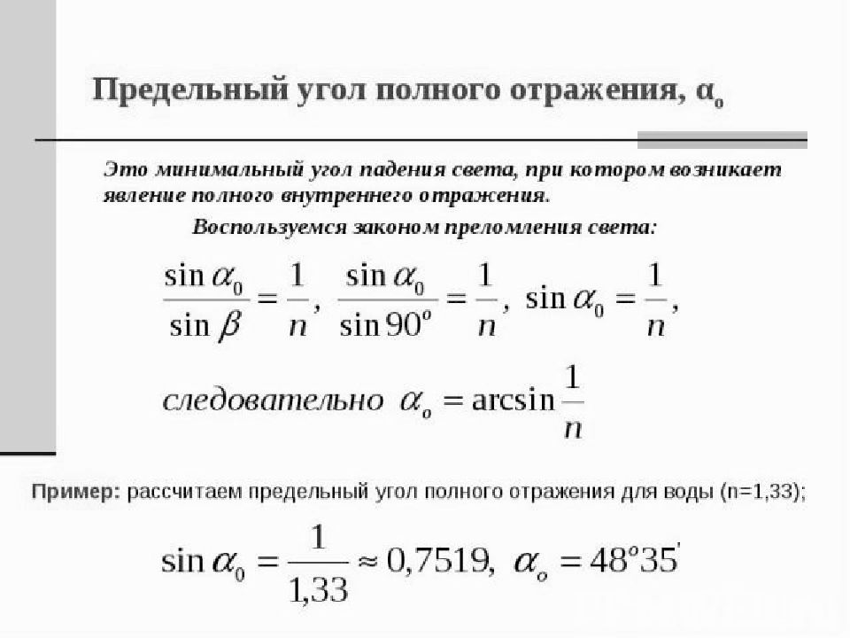 Предельный угол преломления рисунок формула