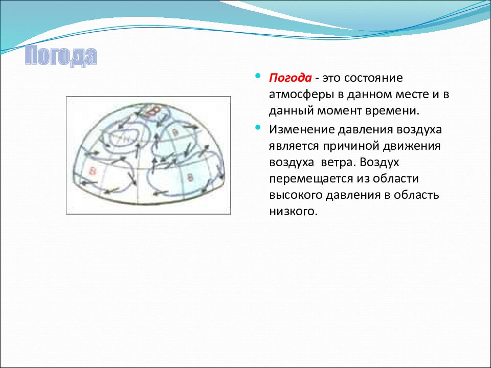 Данном месте. Погода это ОБЖ. Состояние атмосферы в данном месте и в данный момент времени.. Состояние воздуха на данный момент. Воздух перемещается из области высокого.