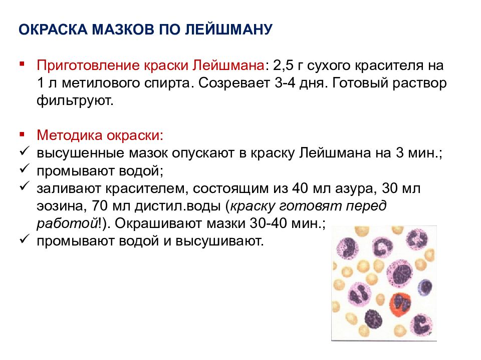 Какова окраска. Окраска мазков по Лейшману методика. Рекомендуемые методы окрашивания цитологических мазков. Окраска мазков по Лейшману цитология. Метод по Лейшману окрашивания цитологических мазков.