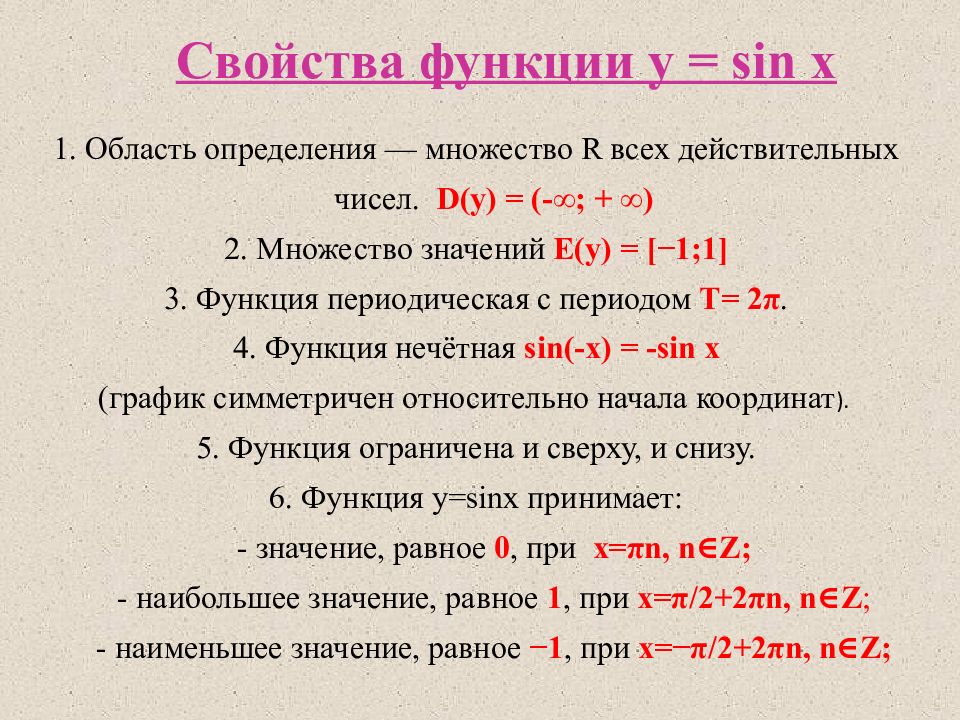 График функции у sinx и ее свойства