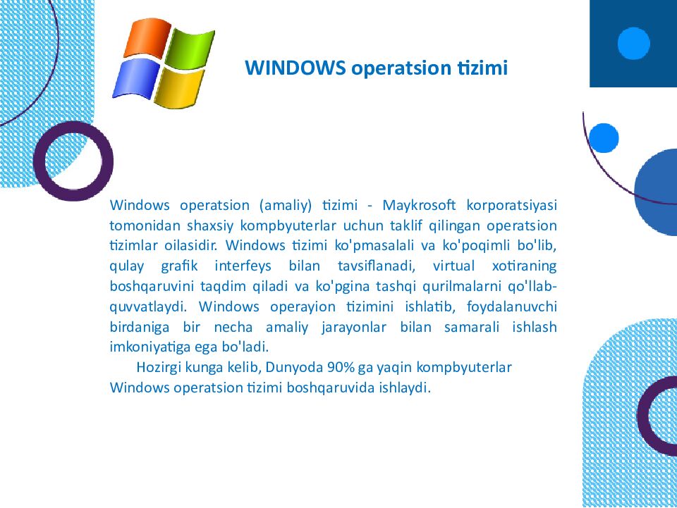OPERATSION TIZIMLAR Windows 1 FreeBSD V redhat soiaris = •5 Sun Cobalt