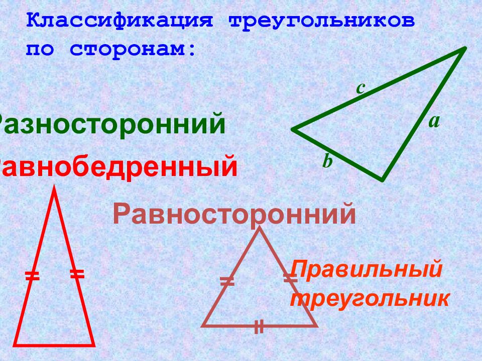 Повторение курса геометрии. Классификация треугольников по сторонам. Треугольники классификация треугольников по сторонам. Класификация треугольников по сторонами. Повторение курса геометрии 7 класса.