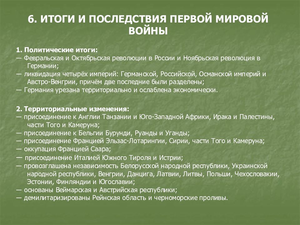 Последствия и итоги первой мировой войны презентация