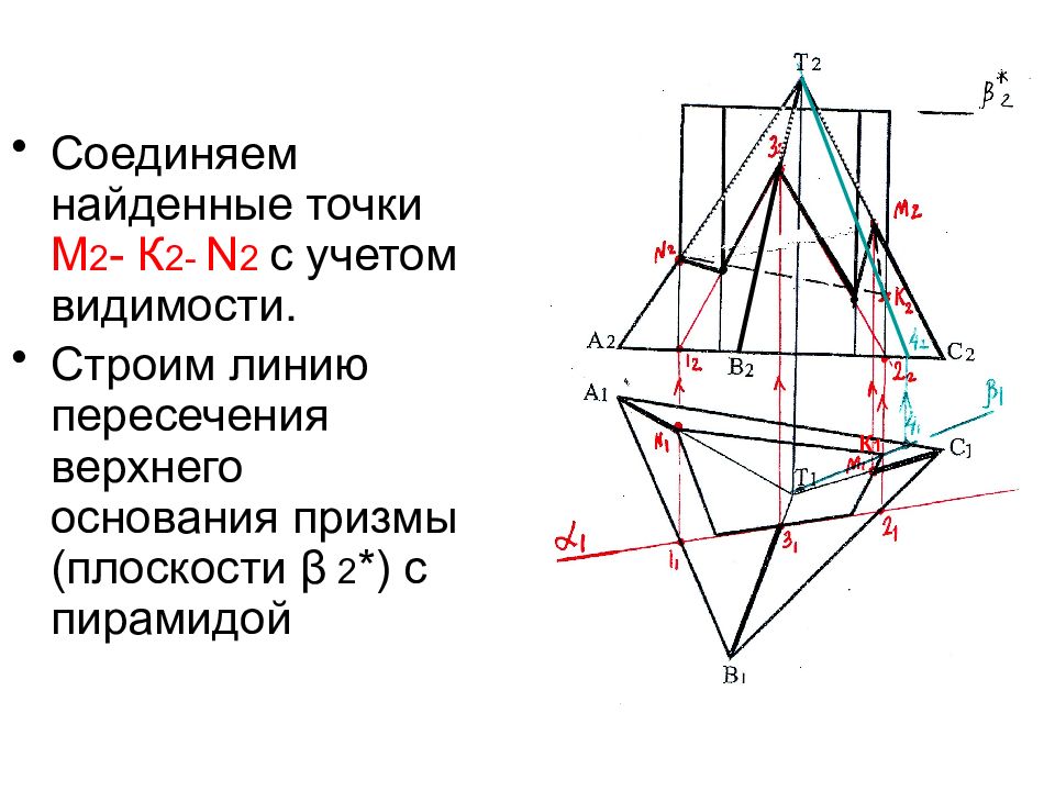В сечении пирамиды плоскостью получается. Параллельное сечение пирамиды. Линия пересечения пирамиды и прямой Призмы. Построить линию пересечения пирамиды с прямой призмой. Построить линию пересечения Призмы с плоскостью.