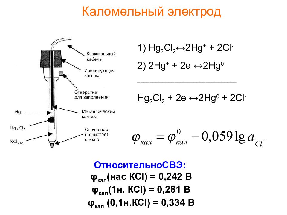 Раствор электрода. Потенциал насыщенного каломельного электрода. Электродная реакция каломельного электрода. Потенциал каломельного электрода формула. Строение каломельного электрода.