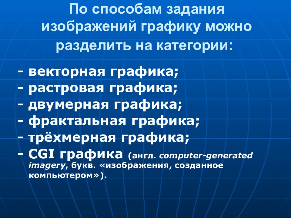 По способам задания изображений графику можно разделить на категории