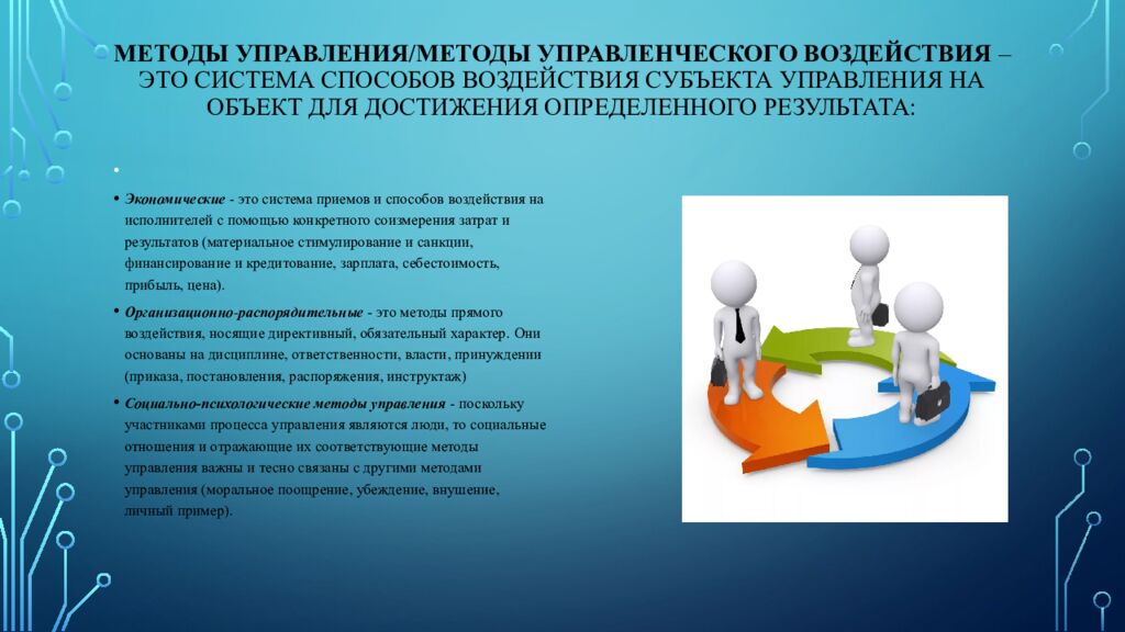 Методы управления/методы управленческого воздействия – это система способов воздействия субъекта управления на объект для достижения определенного результата: