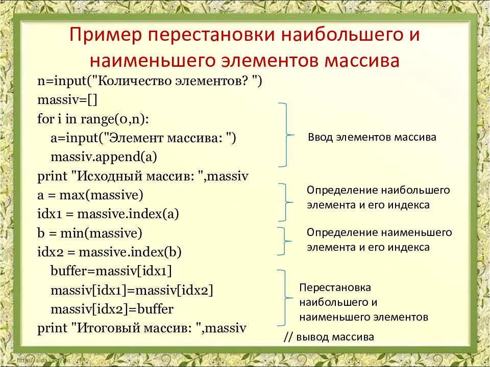 Пример перестановки наибольшего и наименьшего элементов массива
