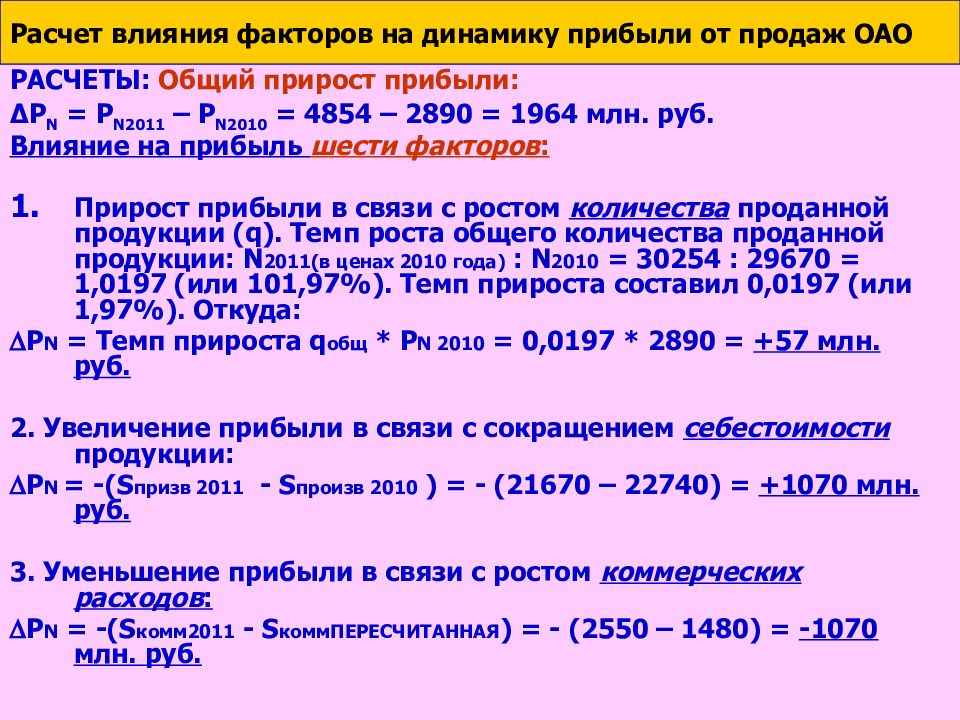 Расчет влияния. Расчет влияния факторов. Расчет влияния факторов на динамику прибыли от продаж. Анализ влияния факторов на прибыль. Влияние факторов на прибыль от продаж.