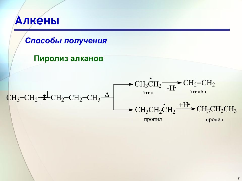 Алкены схема. Пиролиз алкенов реакции. Сульфирование алкенов механизм. Реакция пиролиза алканы. Способы получения алкенов.