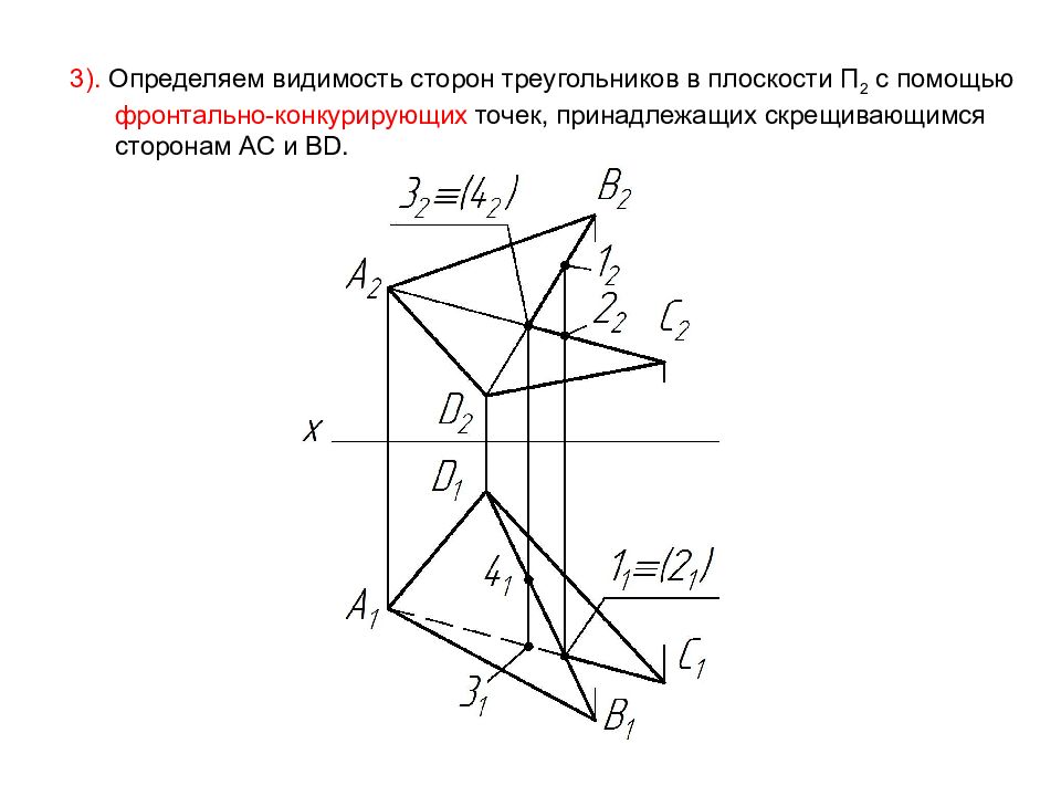 Видимость проекций. Конкурирующие точки Начертательная геометрия. Видимость плоскостей Начертательная геометрия. Чертеж фронтально конкурирующих точек. Метод конкурирующих точек.