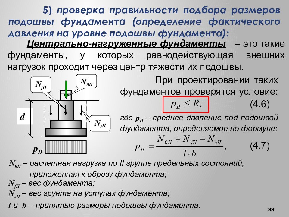 Принять проверка. Расчет Центрально нагруженного фундамента. Площадь подошвы Центрально нагруженного фундамента формула. Формула для определения ширины подошвы фундамента. Размер подошвы фундамента формула.