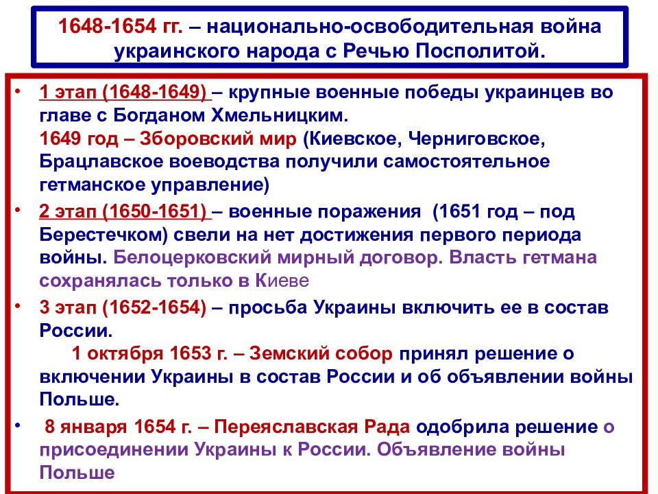 Присоединение украины в состав россии. Внешняя политика России 1654.