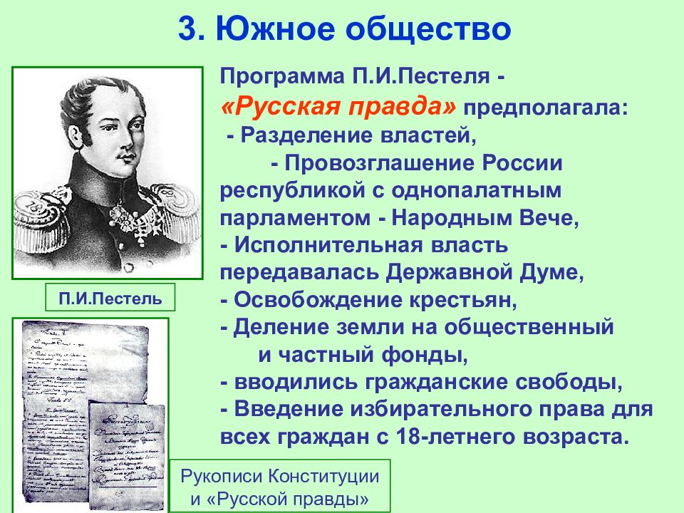 Программным документом южного общества стал проект п и пестеля