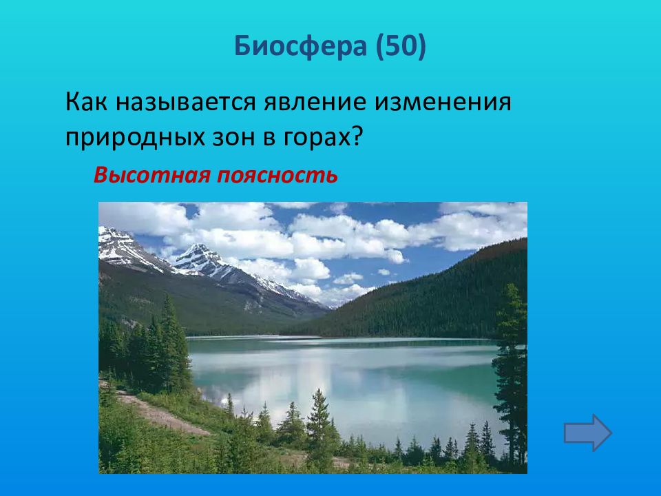 Назовите природное место. Природные изменения в горах. Как называется явление изменений зон в горах. Биосфера 50.
