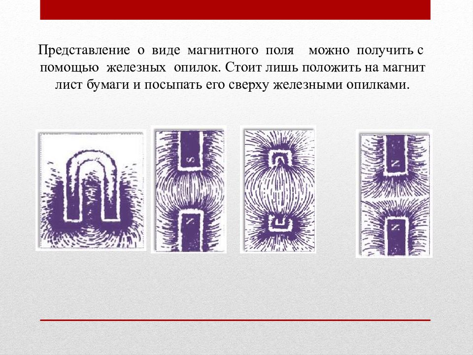 По картинке линий полученных с помощью железных опилок от двух полосовых магнитов