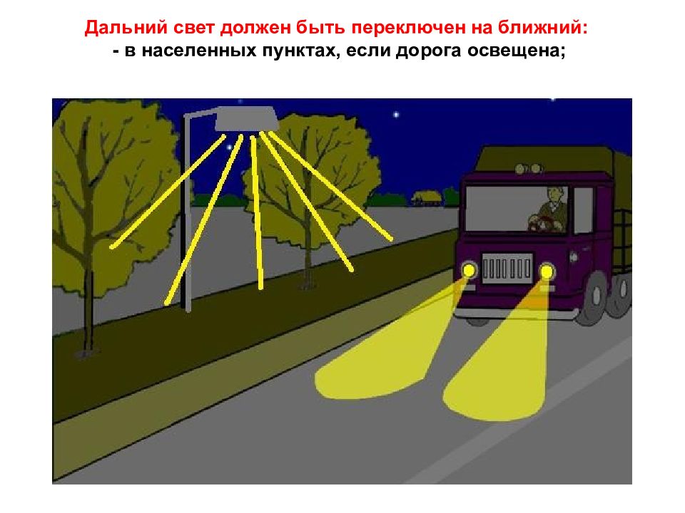 Не освещена. Освещение дорог в населенном пункте. В населенных пунктах, если дорога освещена;. С дальним светом в населенном пункте. В населённых пунктах, если дорога освещена.