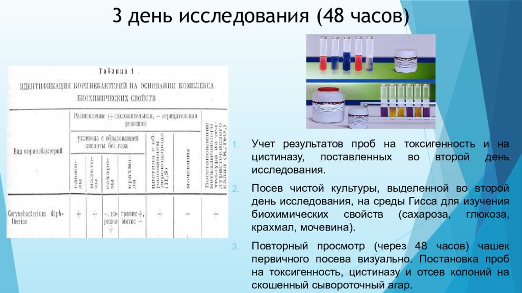 День исследования. Среды для первичного посева исследуемого материала.. Посев на среды Гисса дифтерия. Методы изучения чистой культуры 2 день. Критерии оценки проб на токсигенность.