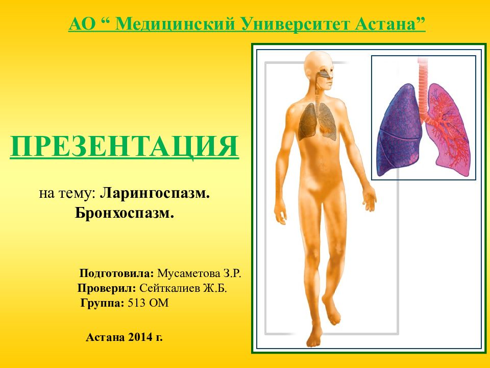 ПРЕЗЕНТАЦИЯ на тему: Ларингоспазм. Бронхоспазм. Подготовила: Мусаметова З.Р.