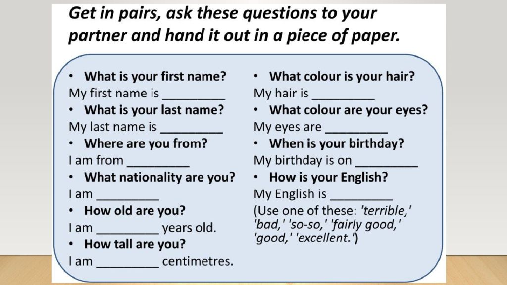 Answer the text in pairs. Задания на personal questions. Asking for and giving personal information. About myself questions. About myself questions for Kids.