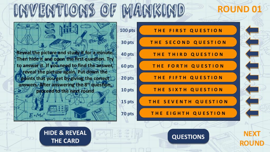 ROUND 01 100 pts 30 pts 40 pts 60 pts 20 pts 10 pts 15 pts 70 pts Reveal the