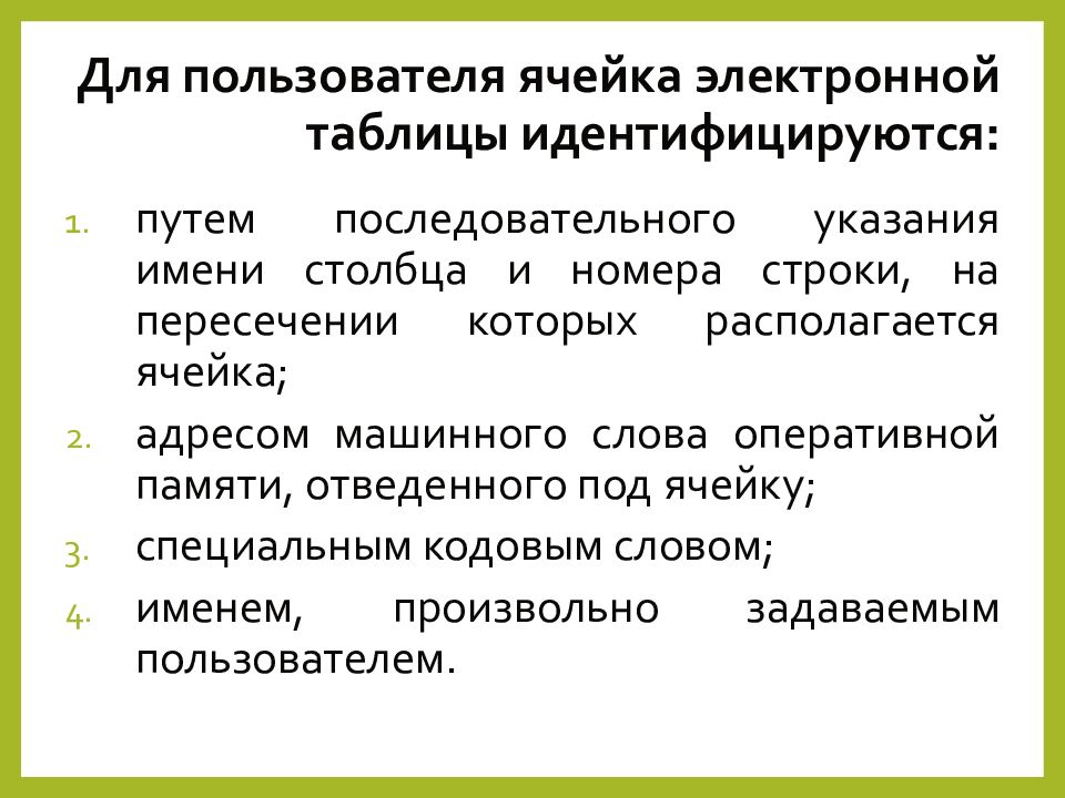 Оперативный текст. Для пользователя ячейка электронной таблицы идентифицируются.