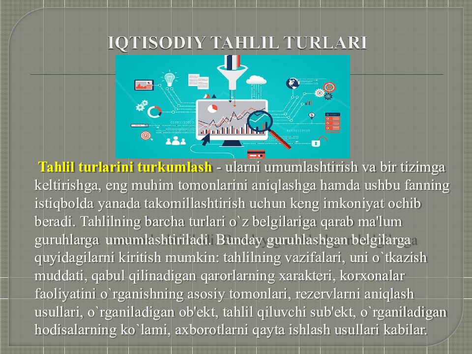 IQTISODIY TAHLILNING TURLARI V A MOLIYAVIY VA BOSHQARUV TAHLILI