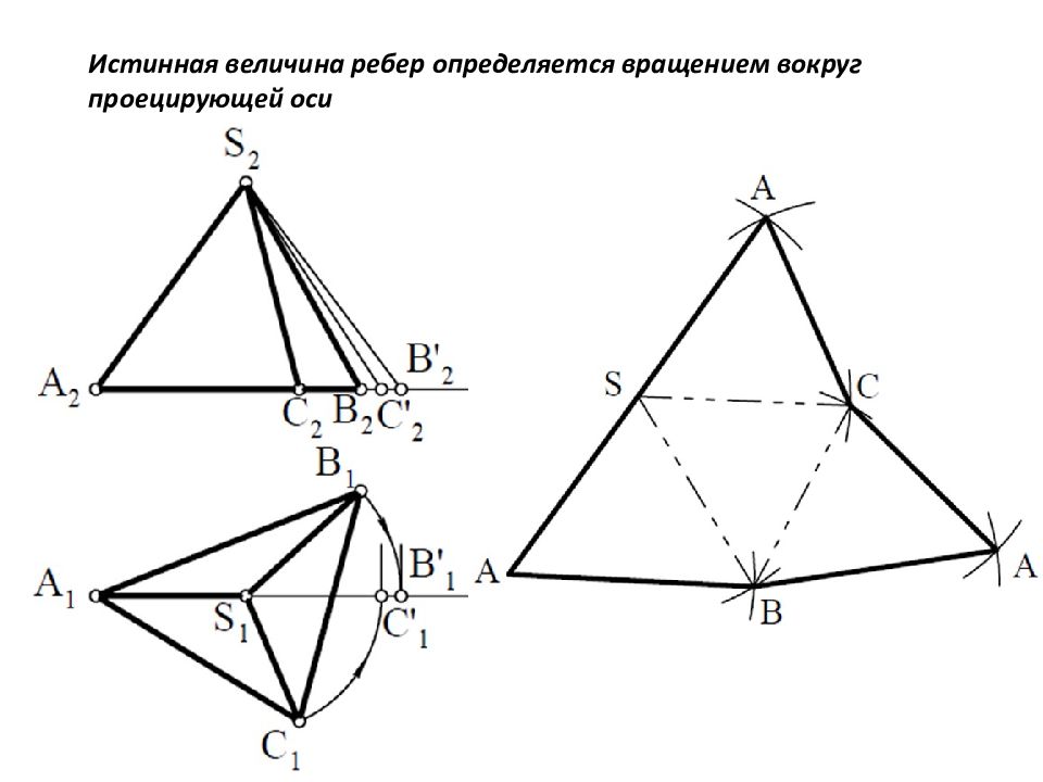 Истинная величина. Какое из перечисленных ребер пирамиды является проецирующей прямой. Проекция пирамиды с реальной величиной ребер. Истинная величина ребра при проектировании.