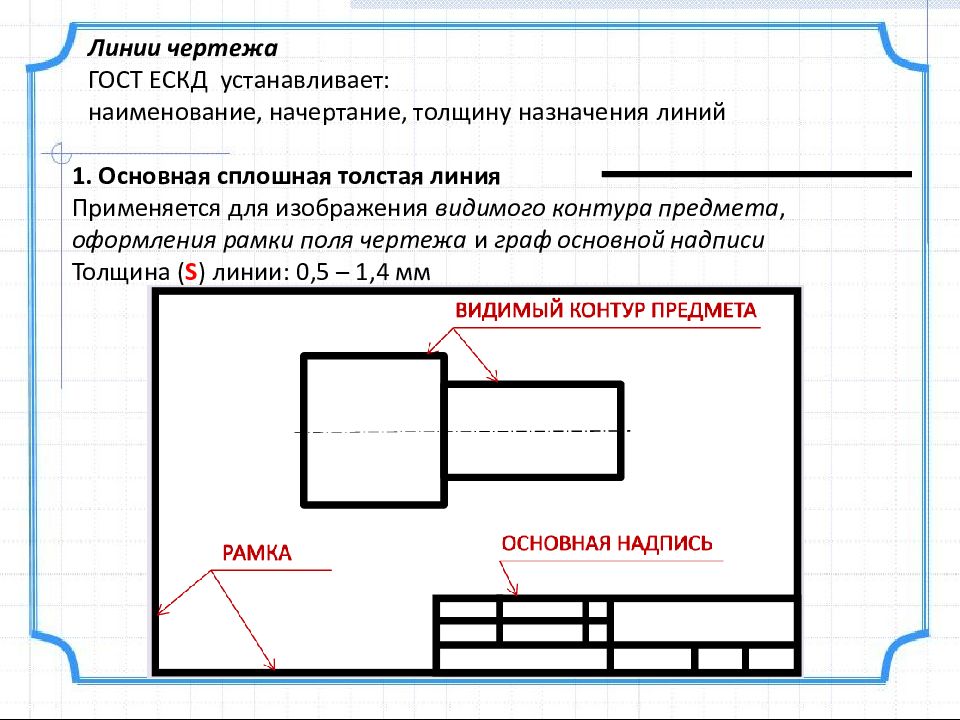 Толщина сплошной основной линии. Сплошная толстая основная линия на чертеже. Рамка ГОСТ толщина линий. Толстая основная линия в черчении. Сплошная основная линия на чертеже.