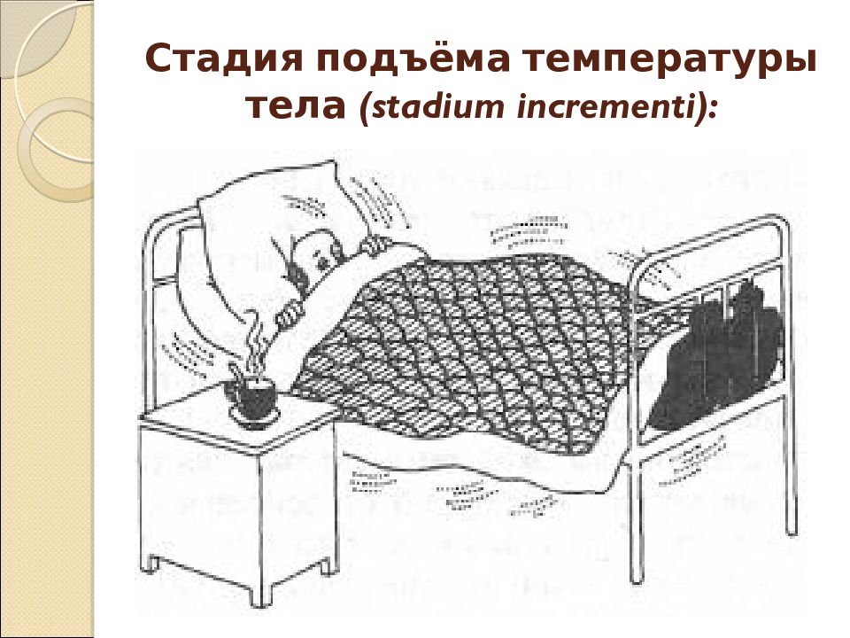 Пособие пациенту при лихорадке в зависимости от периода. Стадия подъема температуры. 2 Период лихорадки.