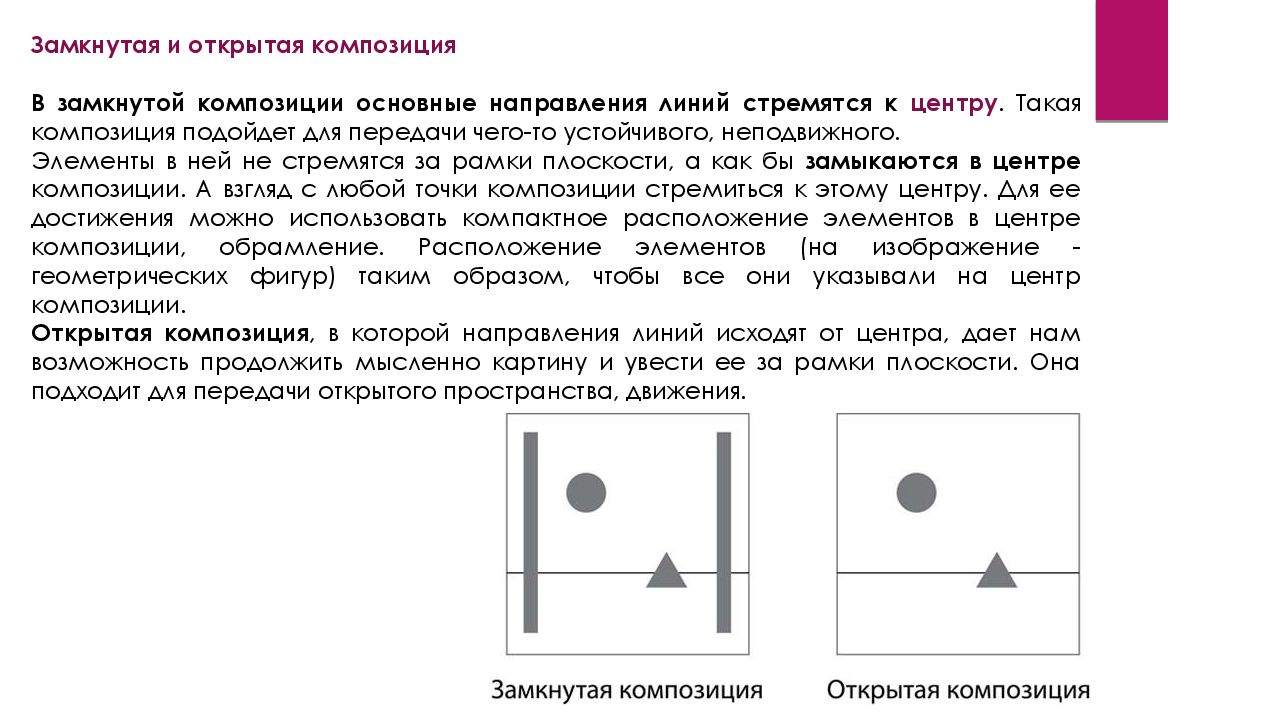 Раскрытая композиция. Открытый (разомкнутый) Тип композиции:. Замкнутая и открытая композиция. Замкнутая композиция. Геометрический центр композиции.