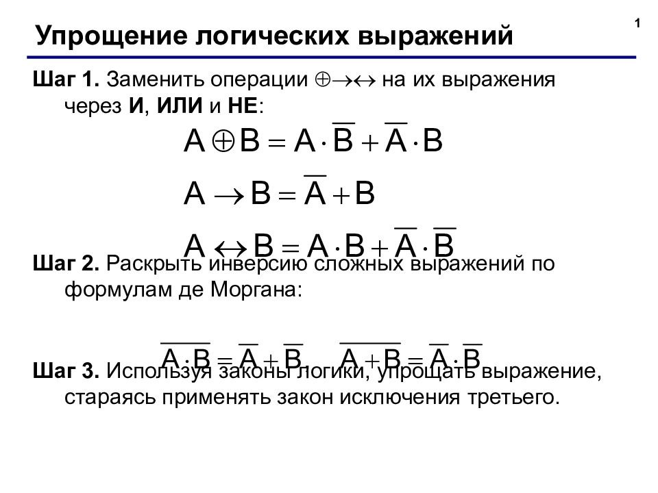 1 Упрощение логических выражений Шаг 1. Заменить операции  на их выражения