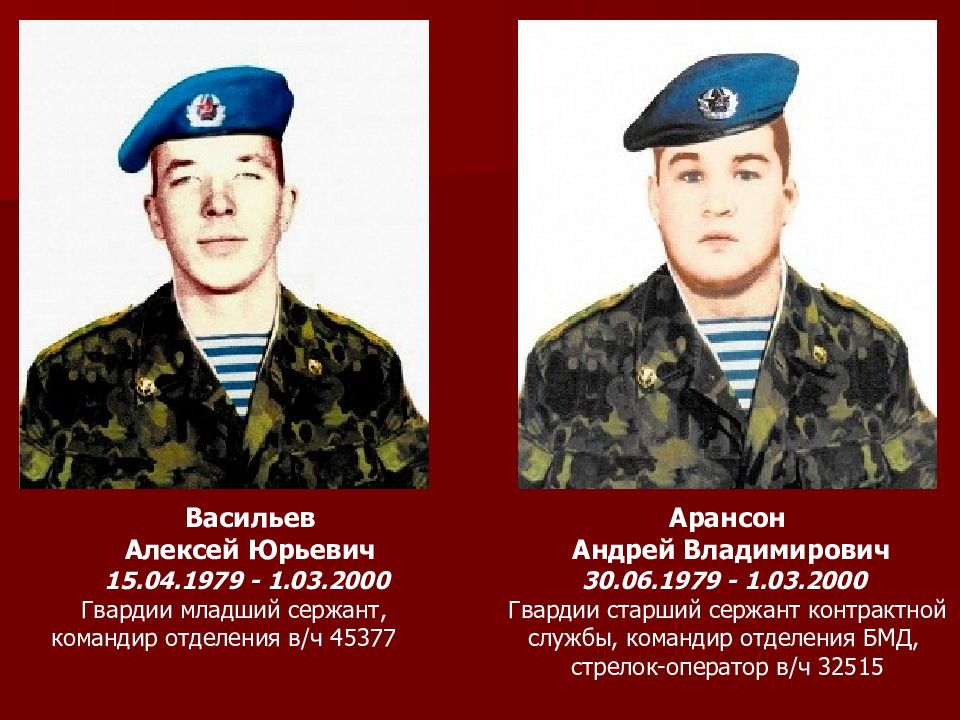 Арансон Андрей Владимирович 30.06.1979 - 1.03.2000 Гвардии старший сержант
