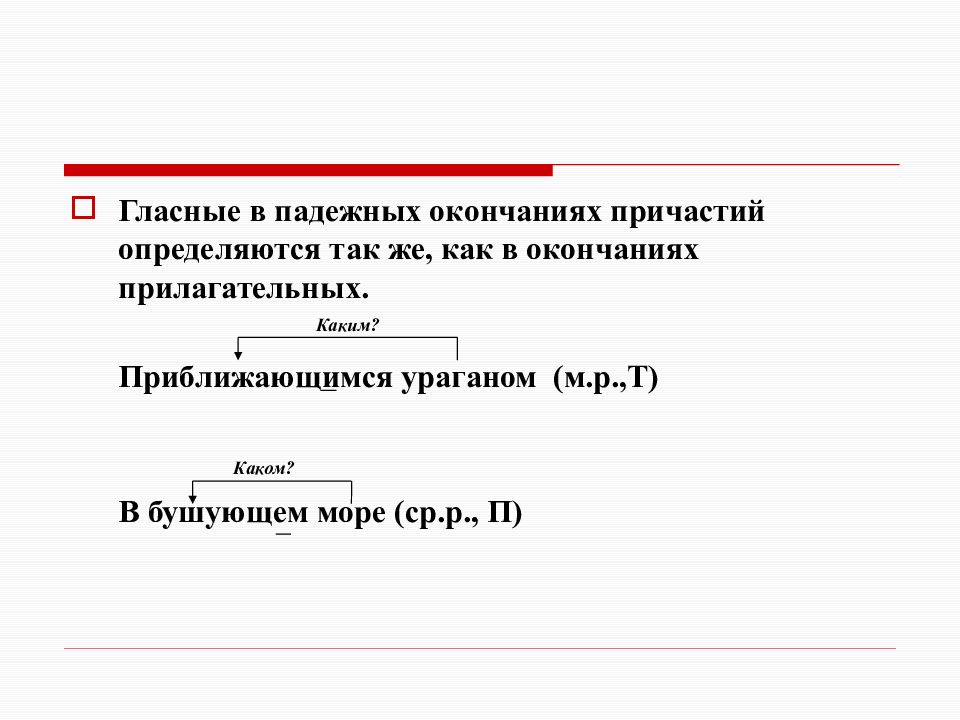 Презентация склонение причастий и правописание гласных в падежных окончаниях причастий 7 класс