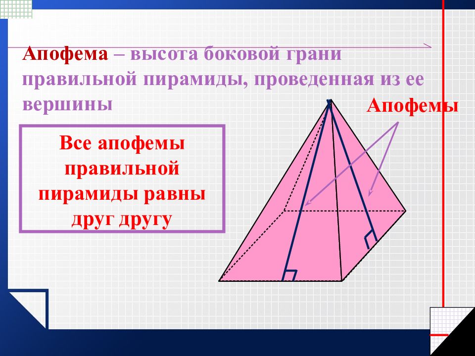 Пирамида правильная пирамида сечение пирамид. Апофема пирамиды формула. Формула апофемы правильной четырехугольной пирамиды. Апофема это высота боковой грани. Объем пирамиды апофема.