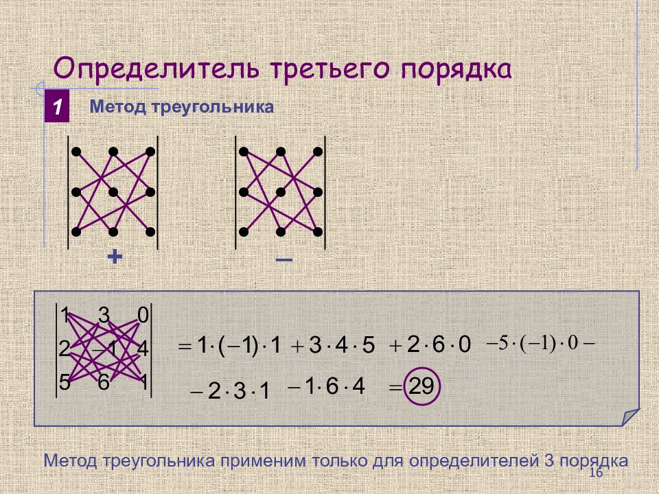 Как вычислить определитель третьего порядка по схеме треугольников