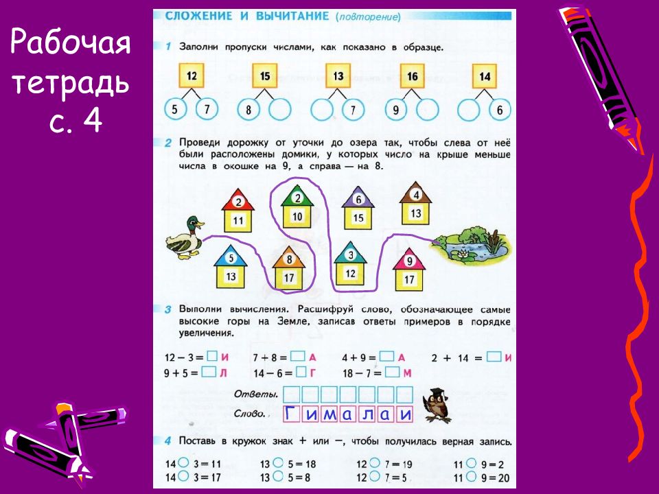 Сложение и вычитание в пределах 20 повторение 1 класс презентация