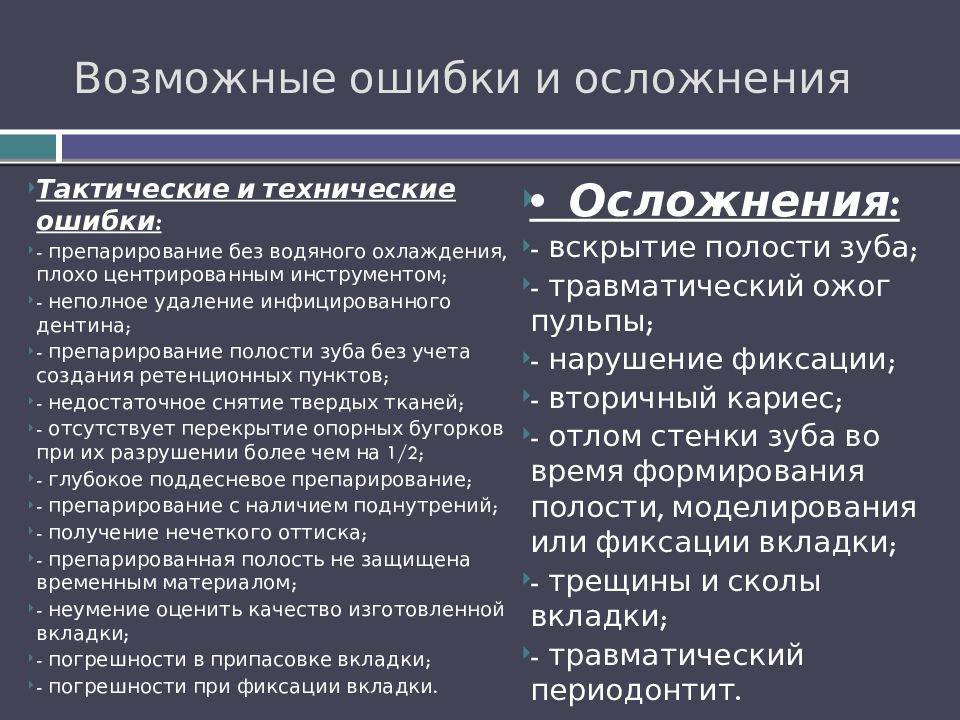 Возможные ошибки и осложнения