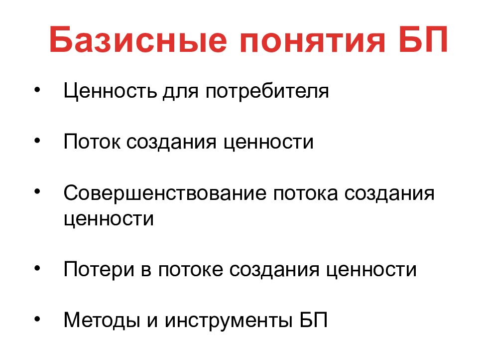 Базисные понятия БП Ценность для потребителя Поток создания