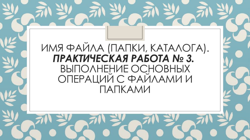 Имя файла (папки, каталога). Практическая работа № 3. Выполнение основных операций с файлами и папками