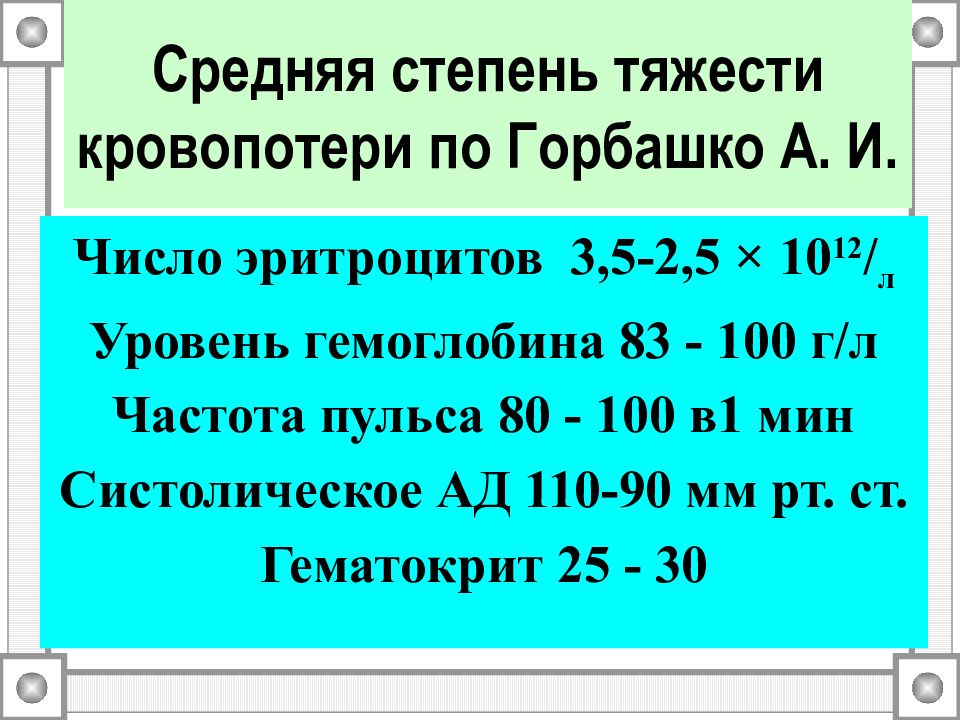 Степень тяжести кровопотери (Горбашко а.и., 1984). Тяжесть кровопотери по Горбашко. Степень тяжести кровопотери по Горбашко. Степени кровотечения по Горбашко.