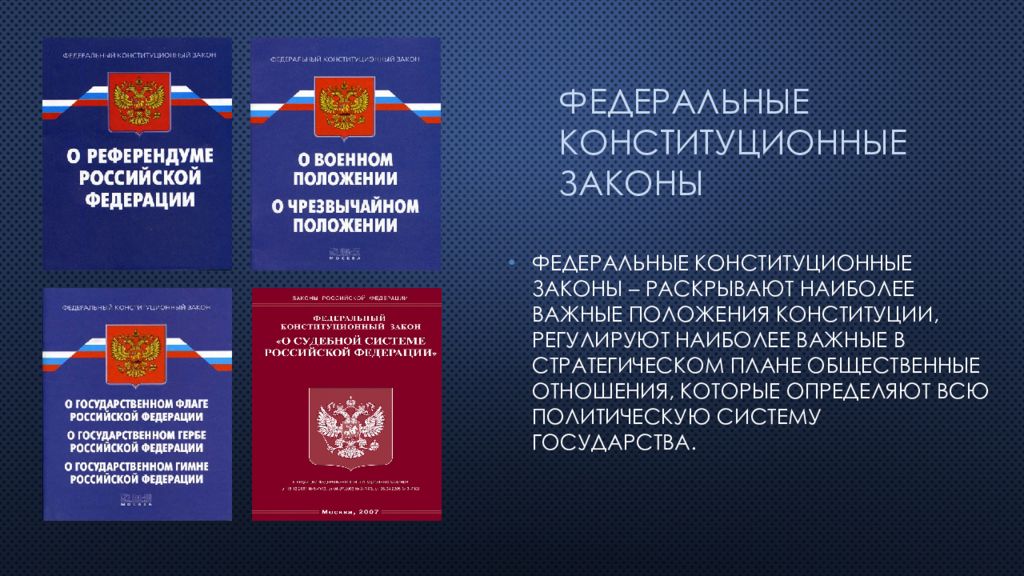 Какие отношения регулирует конституция. Виды федеральных конституционных законов. Вид законов федеральные конституционные законы. Виды законов презентация. Виды законов в РФ презентация.