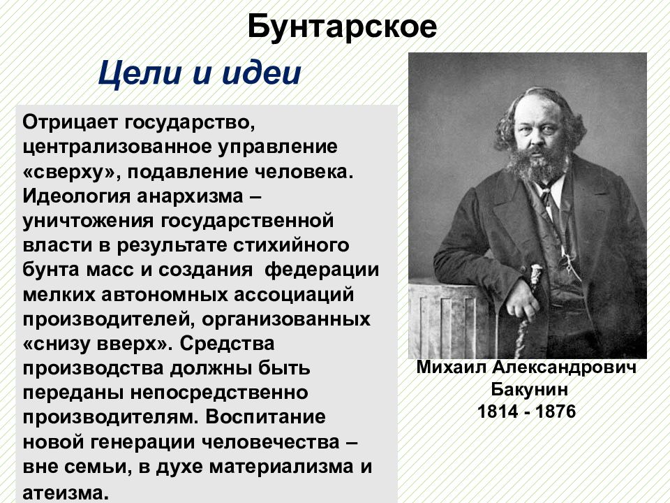 Цели бунтарского направления. Бакунин 19 век.