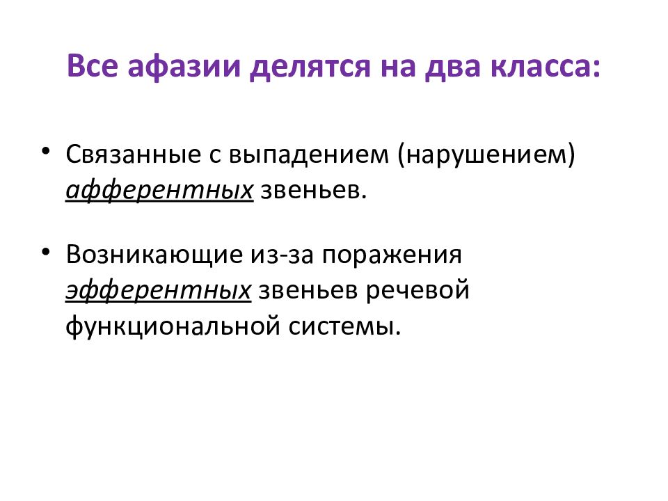 Формы афазий связанные с нарушением афферентных звеньев речевой системы презентация