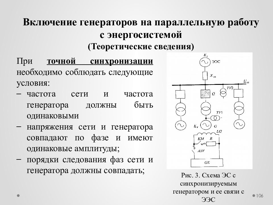 Включение синхронных генераторов на параллельную работу. Схема синхронизации генератора с сетью. Синхронизация генератора с электрической сетью. Синхронизация генераторов на параллельную работу схема. Условия параллельной работы синхронных генераторов.