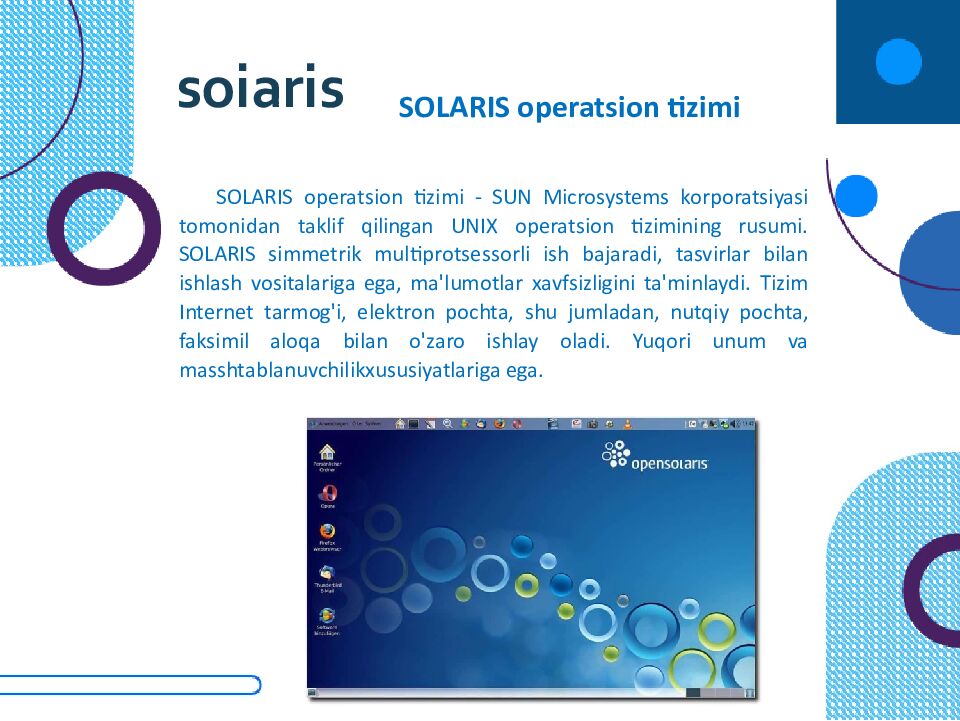 OPERATSION TIZIMLAR Windows 1 FreeBSD V redhat soiaris = •5 Sun Cobalt